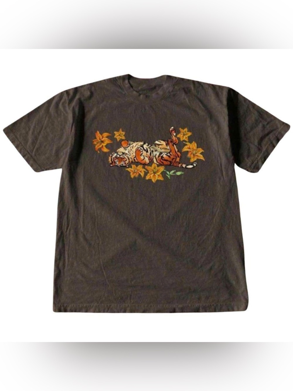 Funny Tiger Graphic Tee - Vintage Dark brown with Orange Floral Design